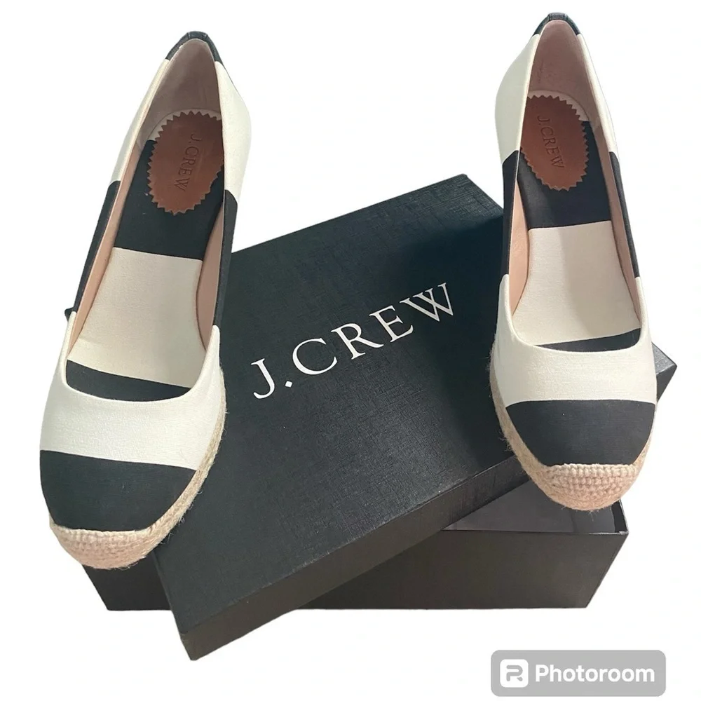 J. Crew New Seville Black White Stripe Canvas Wedge Espadrilles Women’s 9 NIB